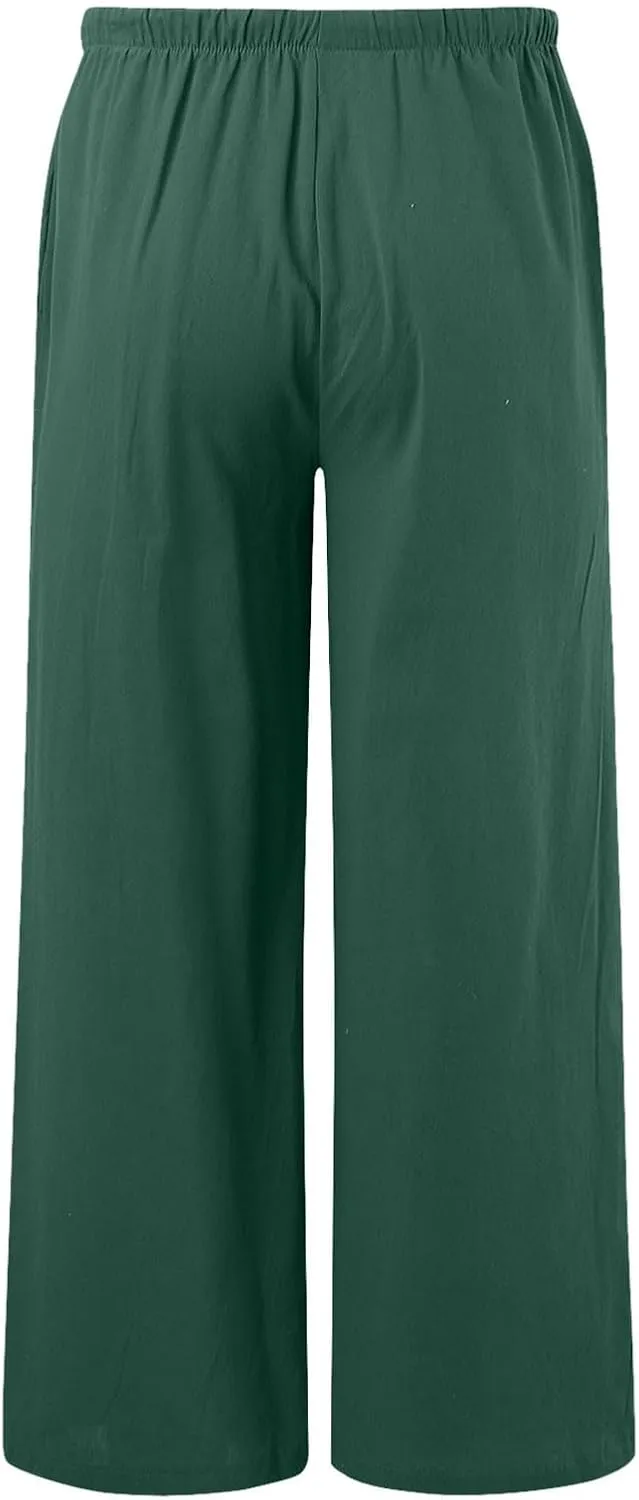 Women's Cotton Linen Summer Palazzo Pants Flowy High Waisted Comfy Wide Straight Leg Pants Beach Trousers with Pockets