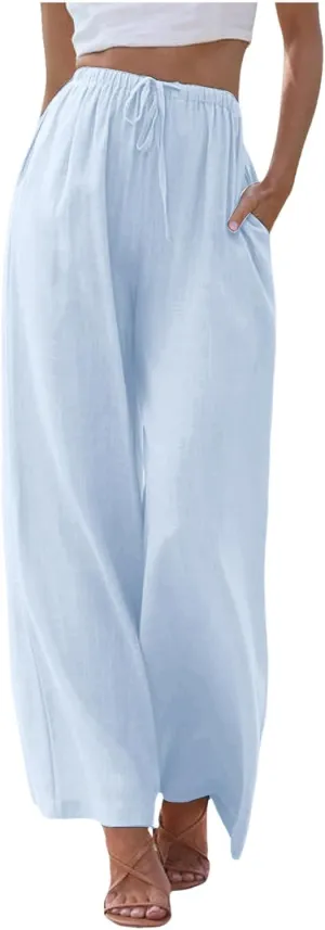 Women's Cotton Linen Summer Palazzo Pants Flowy Wide Leg Linen Pants Vacation Beach Trousers with Pockets
