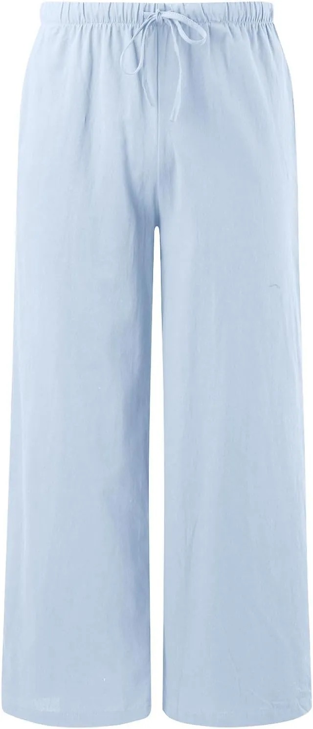 Women's Cotton Linen Summer Palazzo Pants Flowy Wide Leg Linen Pants Vacation Beach Trousers with Pockets