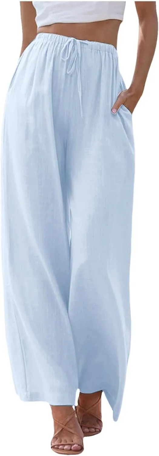 Women's Cotton Linen Summer Palazzo Pants Flowy Wide Leg Linen Pants Vacation Beach Trousers with Pockets