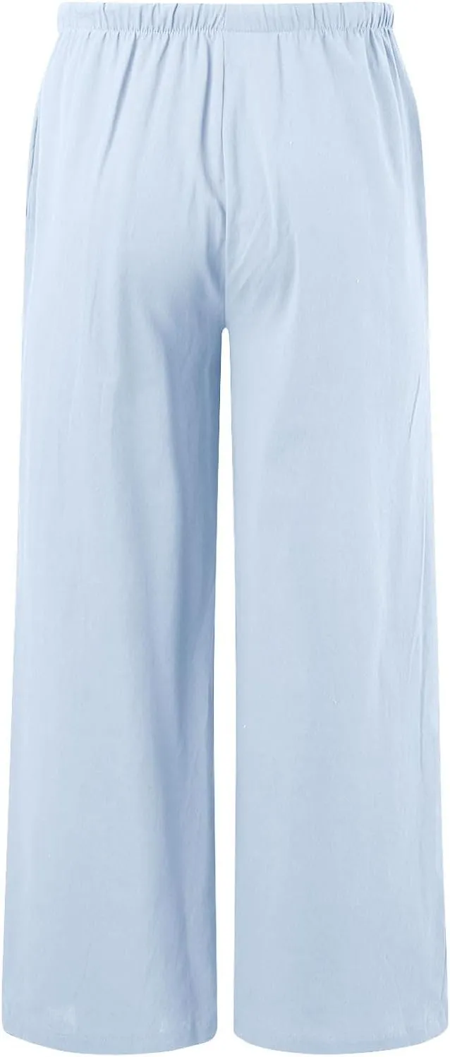 Women's Cotton Linen Summer Palazzo Pants Flowy Wide Leg Linen Pants Vacation Beach Trousers with Pockets