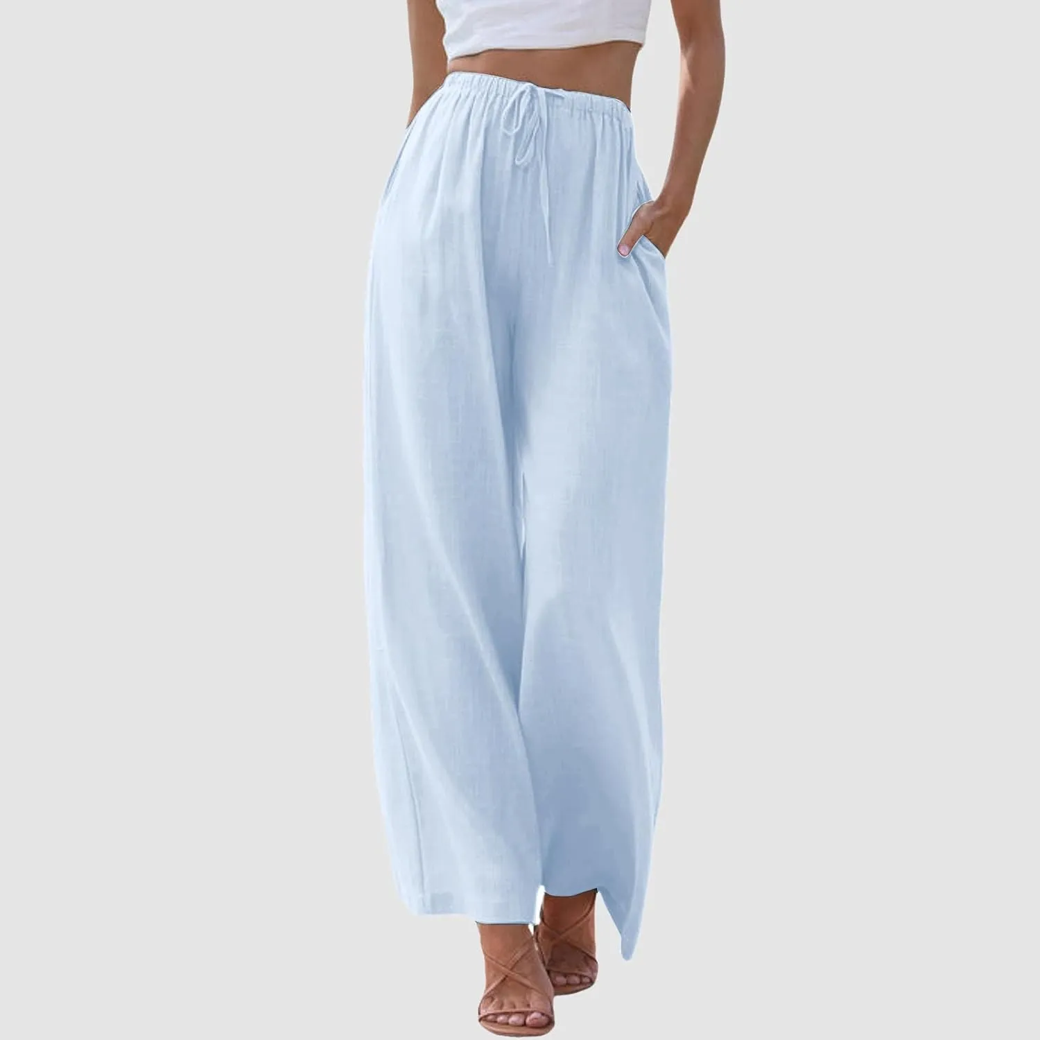 Women's Cotton Linen Summer Palazzo Pants Flowy Wide Leg Linen Pants Vacation Beach Trousers with Pockets