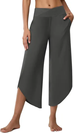 Women's Cross High Waist Wide Leg Cropped Pants Lightweight Dressy Casual Lounge Yoga Travel Trousers w Pockets