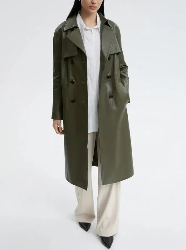 Womens Double Breasted Long Coat - Classic Lapel Trench Coat Women Slim Overcoat with Belt