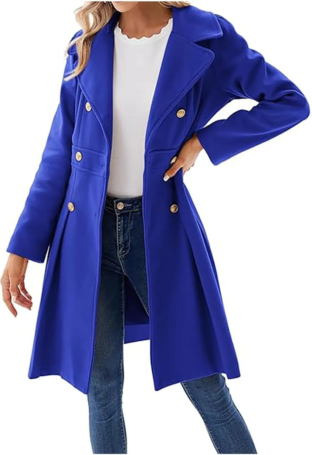 Womens Double Breasted Trench Coat Wool Blend Notch Lapel Pea Coat Elegant Long Coats Jacket Overcoat