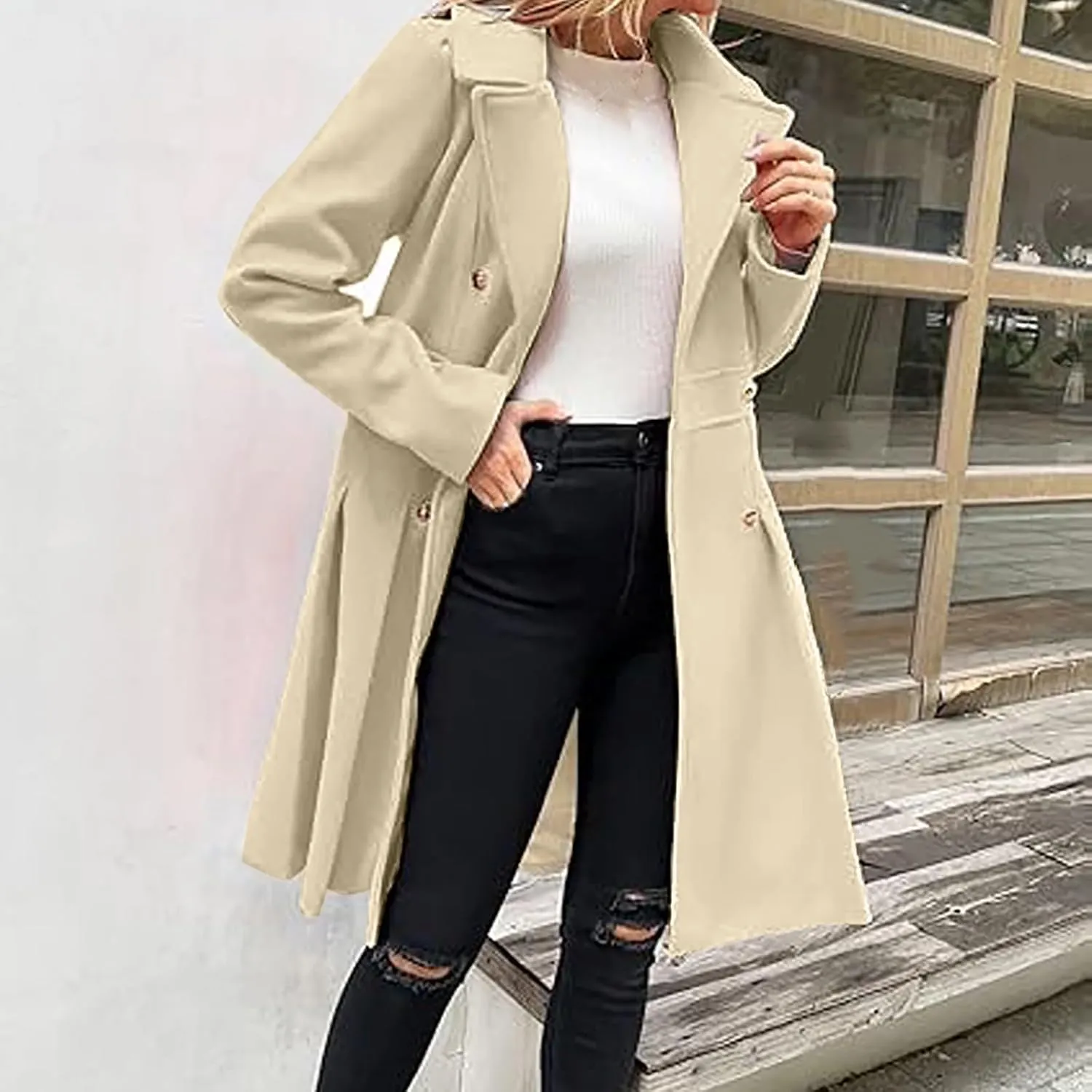 Womens Double Breasted Trench Coat Wool Blend Notch Lapel Pea Coat Elegant Long Coats Jacket Overcoat