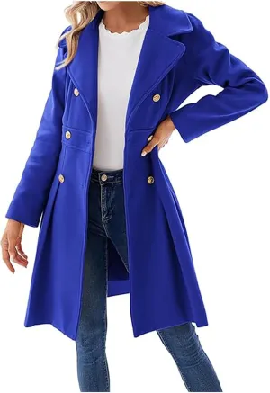 Womens Double Breasted Trench Coat Wool Blend Notch Lapel Pea Coat Elegant Long Coats Jacket Overcoat