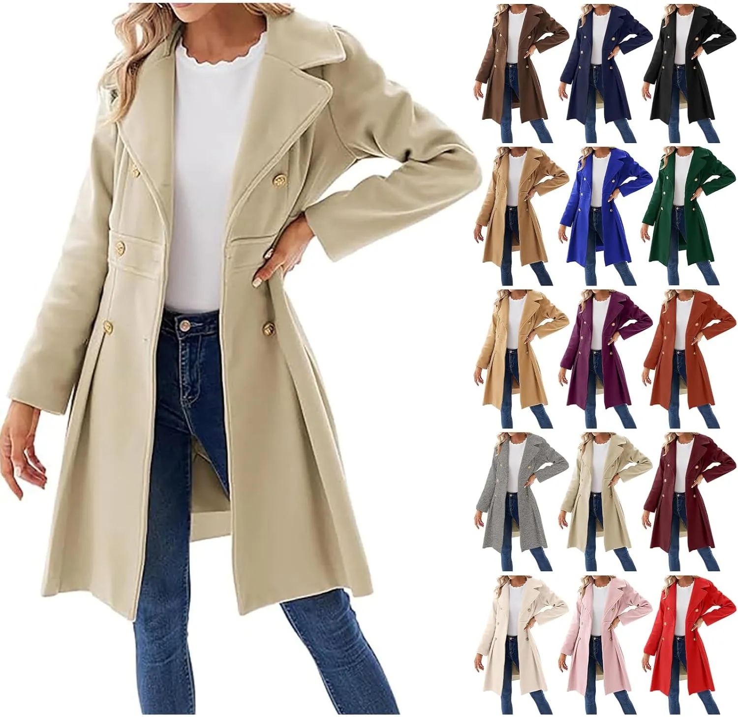 Womens Double Breasted Trench Coat Wool Blend Notch Lapel Pea Coat Elegant Long Coats Jacket Overcoat