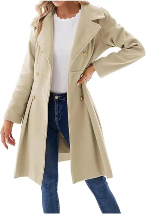 Womens Double Breasted Trench Coat Wool Blend Notch Lapel Pea Coat Elegant Long Coats Jacket Overcoat