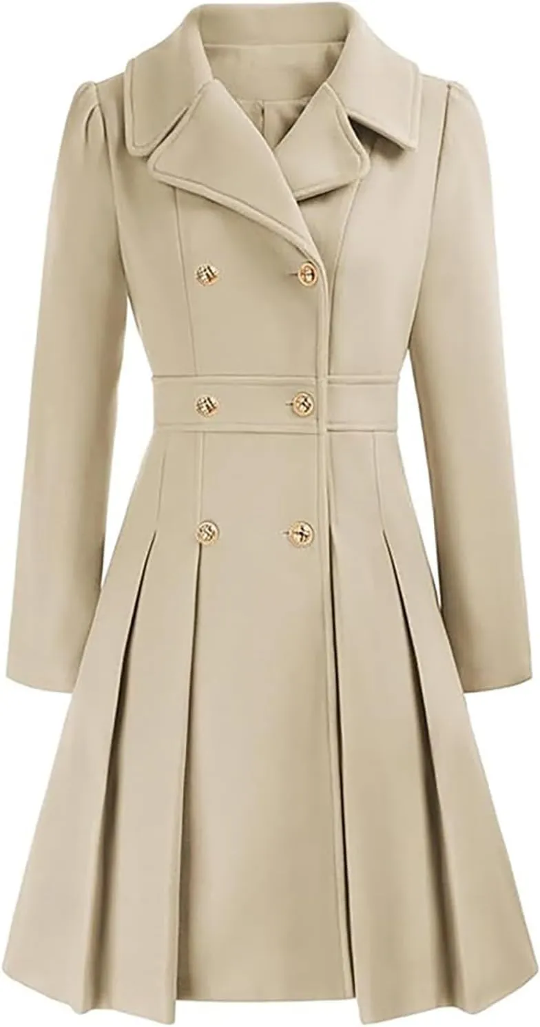 Womens Double Breasted Trench Coat Wool Blend Notch Lapel Pea Coat Elegant Long Coats Jacket Overcoat