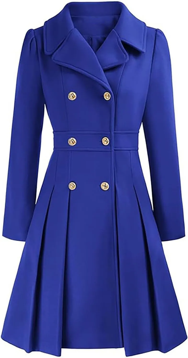 Womens Double Breasted Trench Coat Wool Blend Notch Lapel Pea Coat Elegant Long Coats Jacket Overcoat