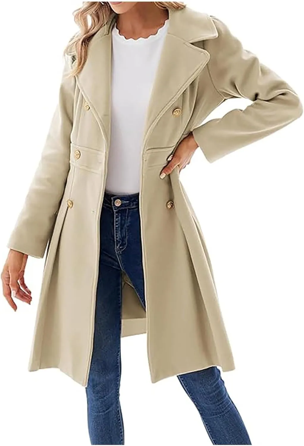 Womens Double Breasted Trench Coat Wool Blend Notch Lapel Pea Coat Elegant Long Coats Jacket Overcoat