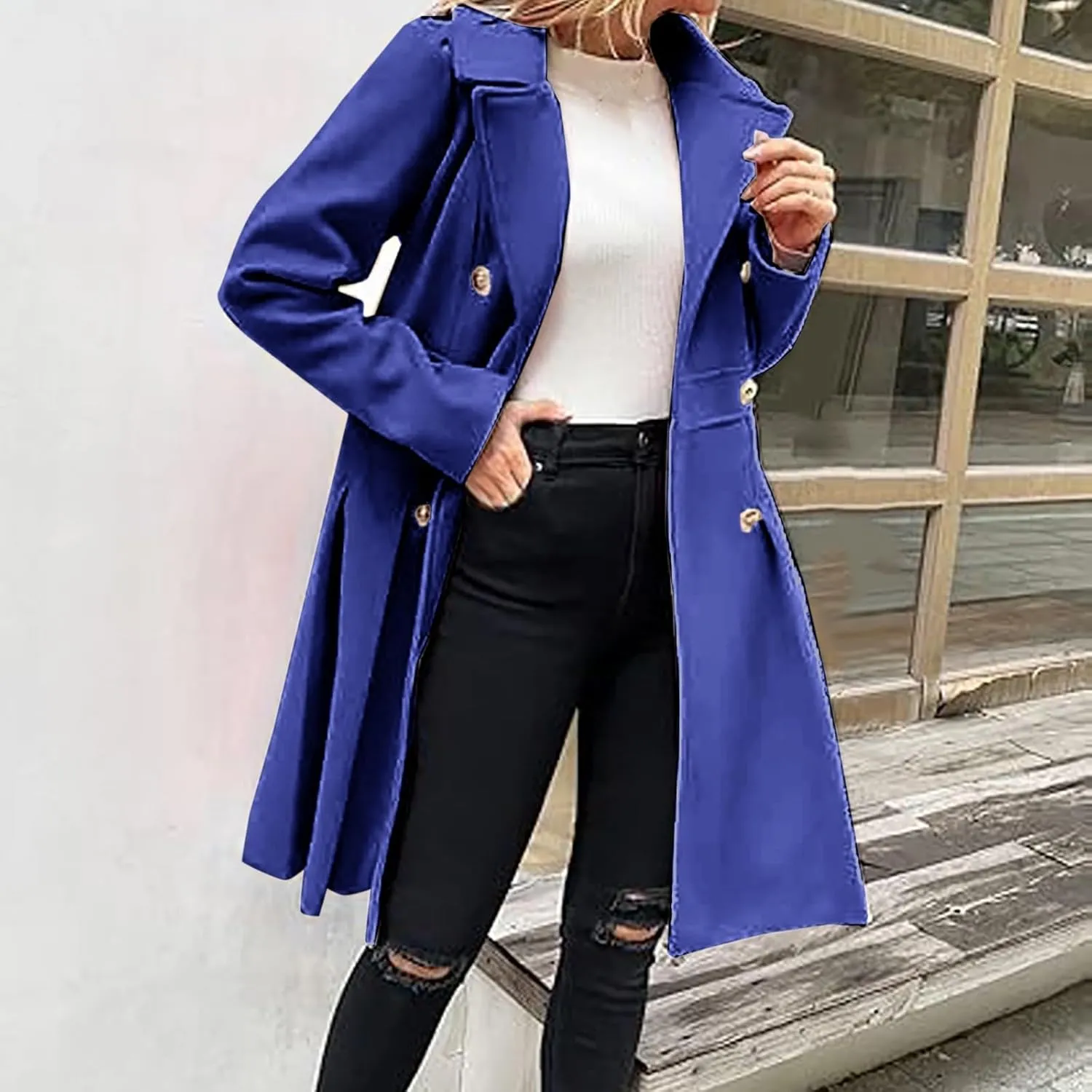 Womens Double Breasted Trench Coat Wool Blend Notch Lapel Pea Coat Elegant Long Coats Jacket Overcoat