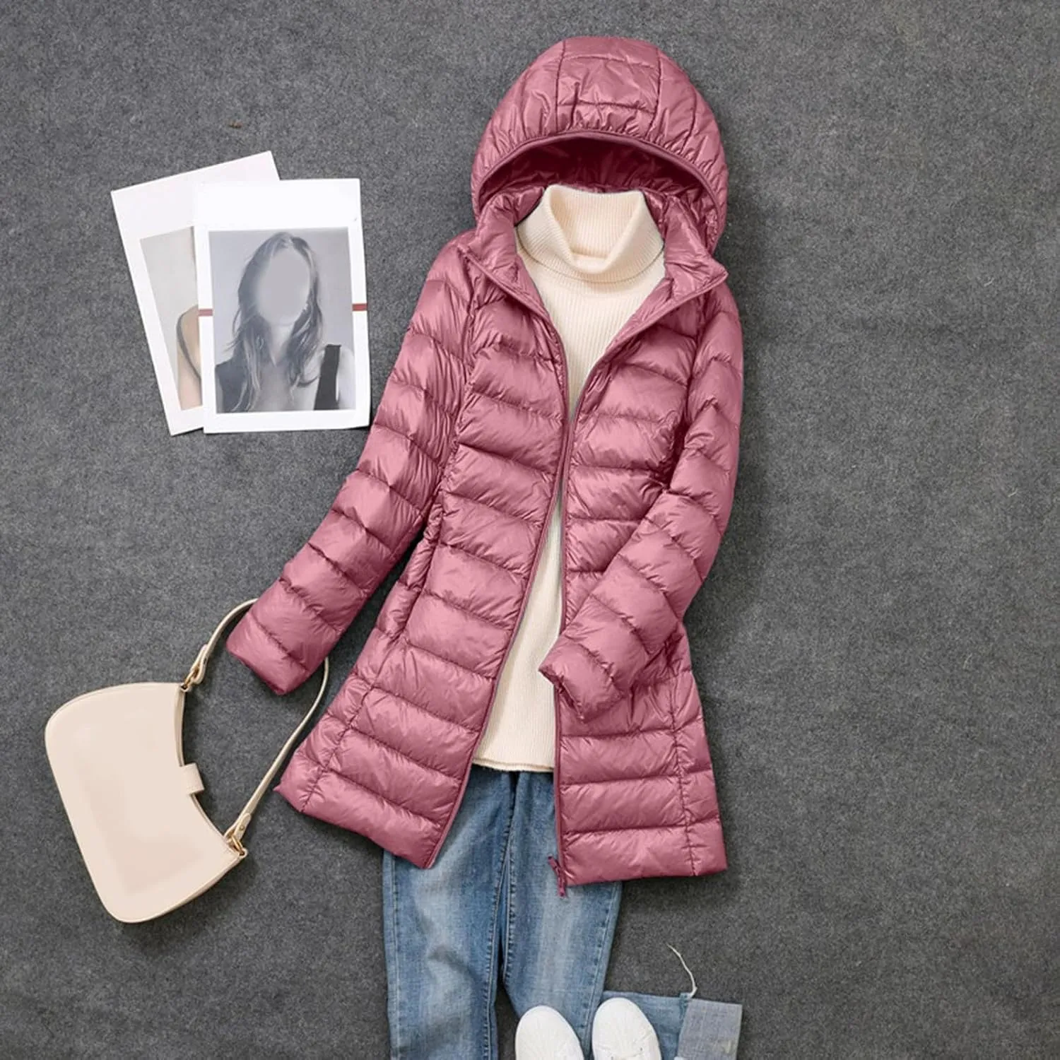 Women's Down Jacket Hooded Windproof Puffer Coat Packable Warm Winter Jacket Lightweight Ladies Parka Trendy Stand-up Collar