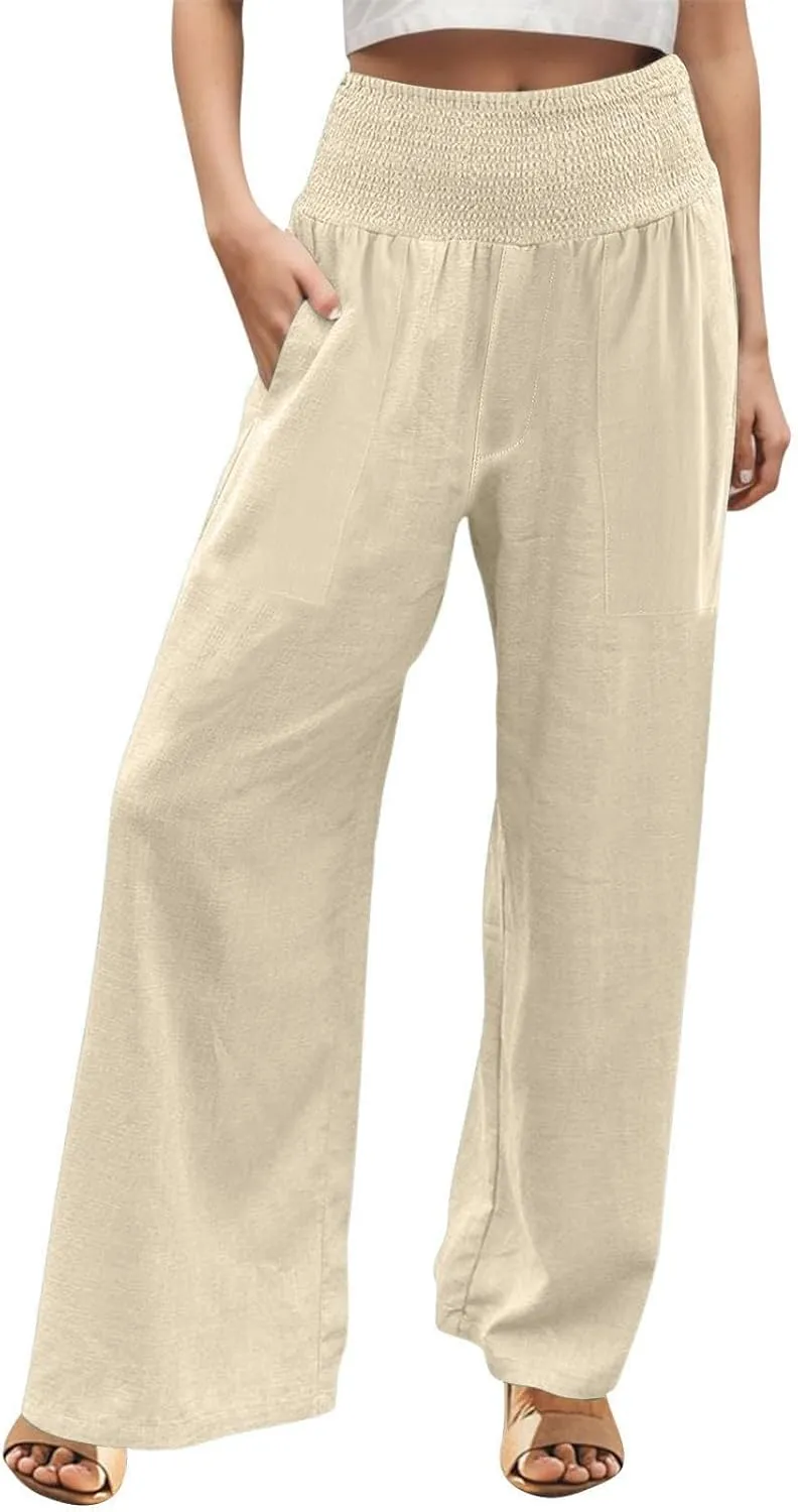 Womens Elastic High Waisted Palazzo Pants Casual Wide Leg Smock Lounge Pant Solid Beach Trousers with Pocket