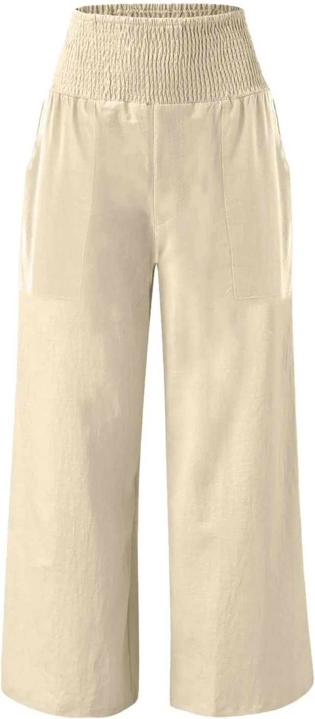 Womens Elastic High Waisted Palazzo Pants Casual Wide Leg Smock Lounge Pant Solid Beach Trousers with Pocket