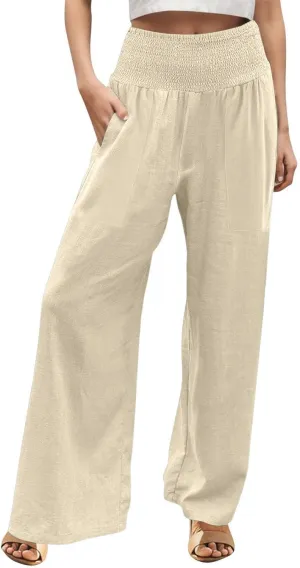 Womens Elastic High Waisted Palazzo Pants Casual Wide Leg Smock Lounge Pant Solid Beach Trousers with Pocket