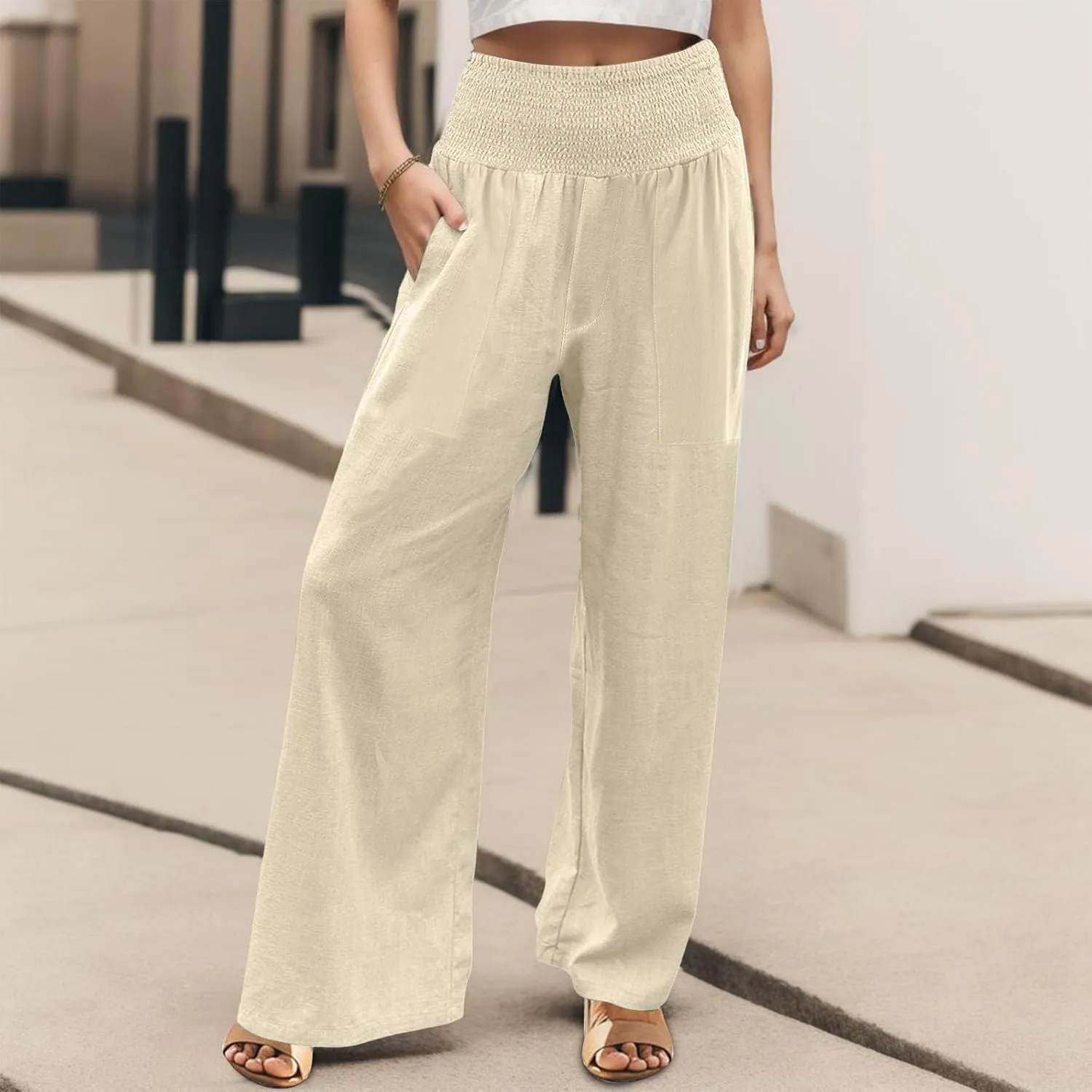 Womens Elastic High Waisted Palazzo Pants Casual Wide Leg Smock Lounge Pant Solid Beach Trousers with Pocket