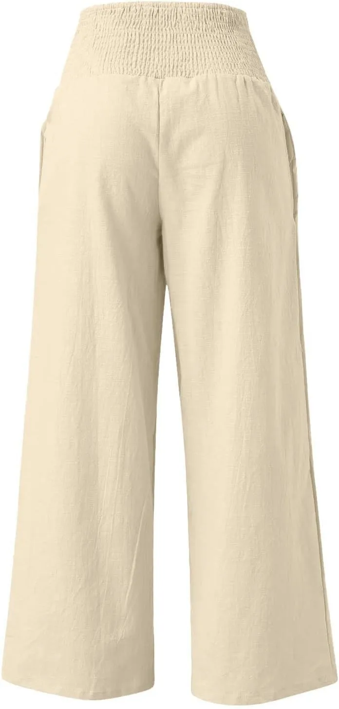 Womens Elastic High Waisted Palazzo Pants Casual Wide Leg Smock Lounge Pant Solid Beach Trousers with Pocket