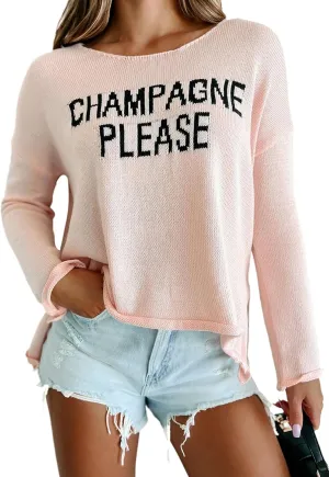 Womens Fashion 2025 Champagne Please Graphic Long Sleeve Pullover Sweater Loose Crewneck Knitted Sweatshirt Tops