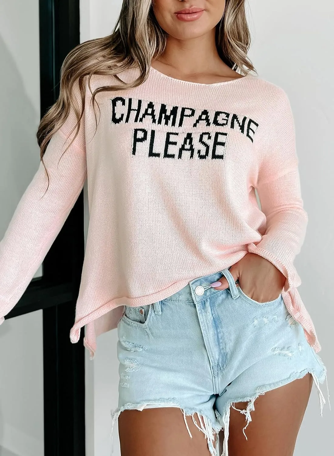 Womens Fashion 2025 Champagne Please Graphic Long Sleeve Pullover Sweater Loose Crewneck Knitted Sweatshirt Tops