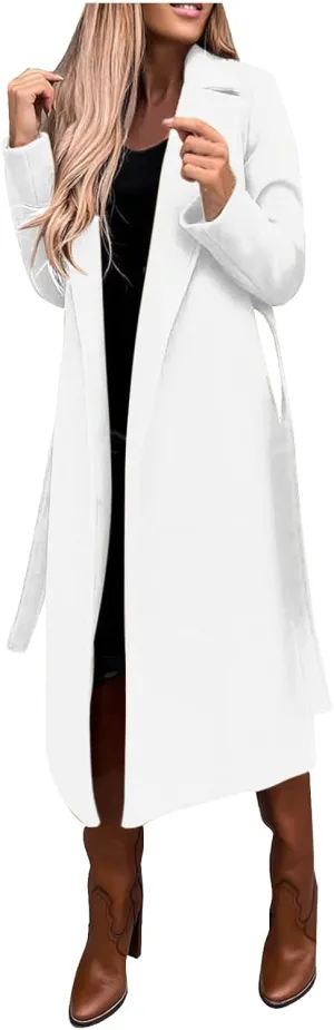 Women's Faux Wool Coat Long Jacket Thin Trench Coats Ladies Slim Windproof Overcoat Ring Master Jacket with Belt