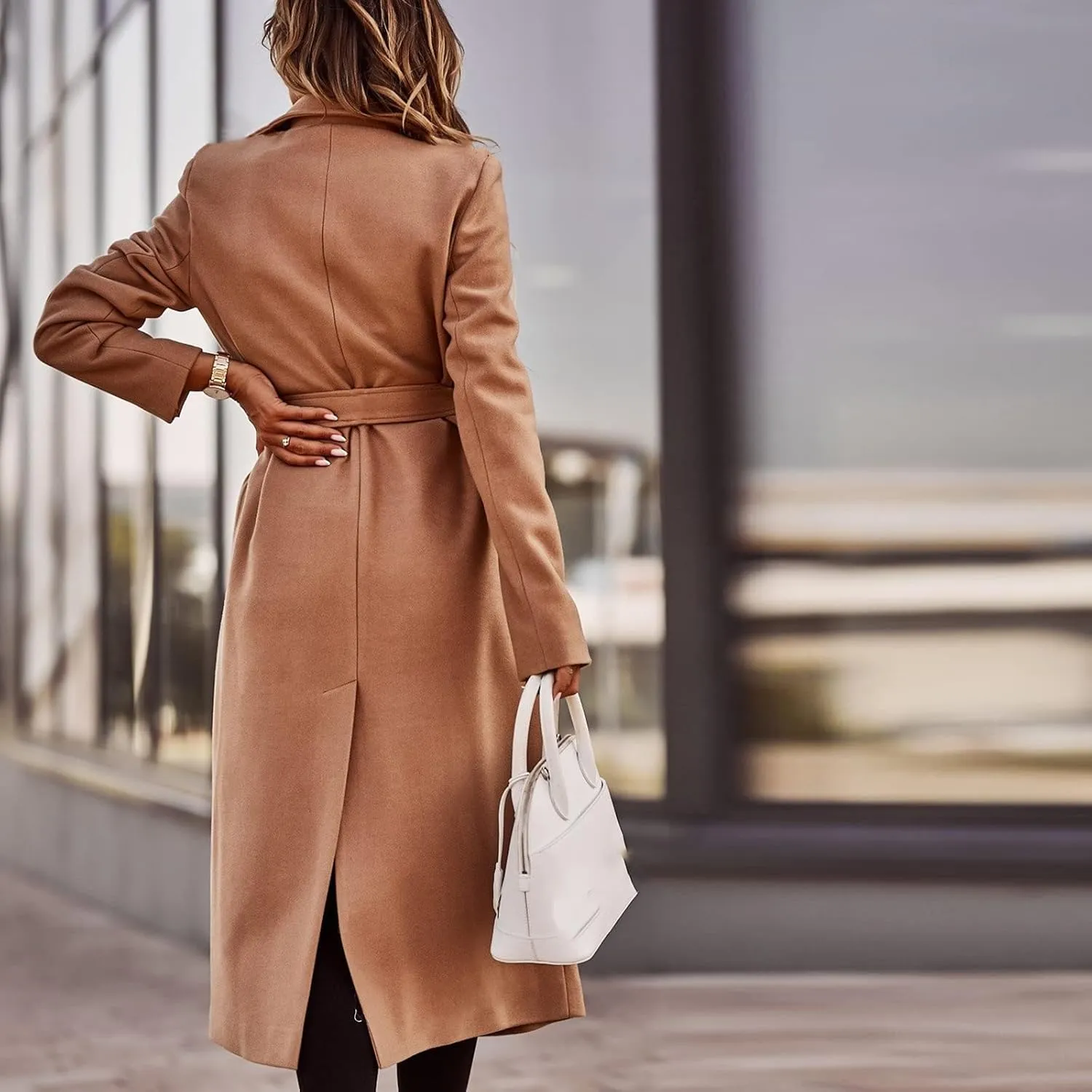 Women's Faux Wool Coat Long Jacket Thin Trench Coats Ladies Slim Windproof Overcoat Ring Master Jacket with Belt
