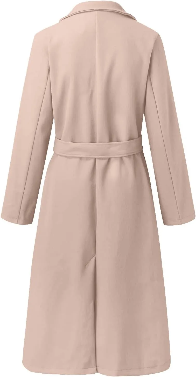 Women's Faux Wool Coat Long Jacket Thin Trench Coats Ladies Slim Windproof Overcoat Ring Master Jacket with Belt