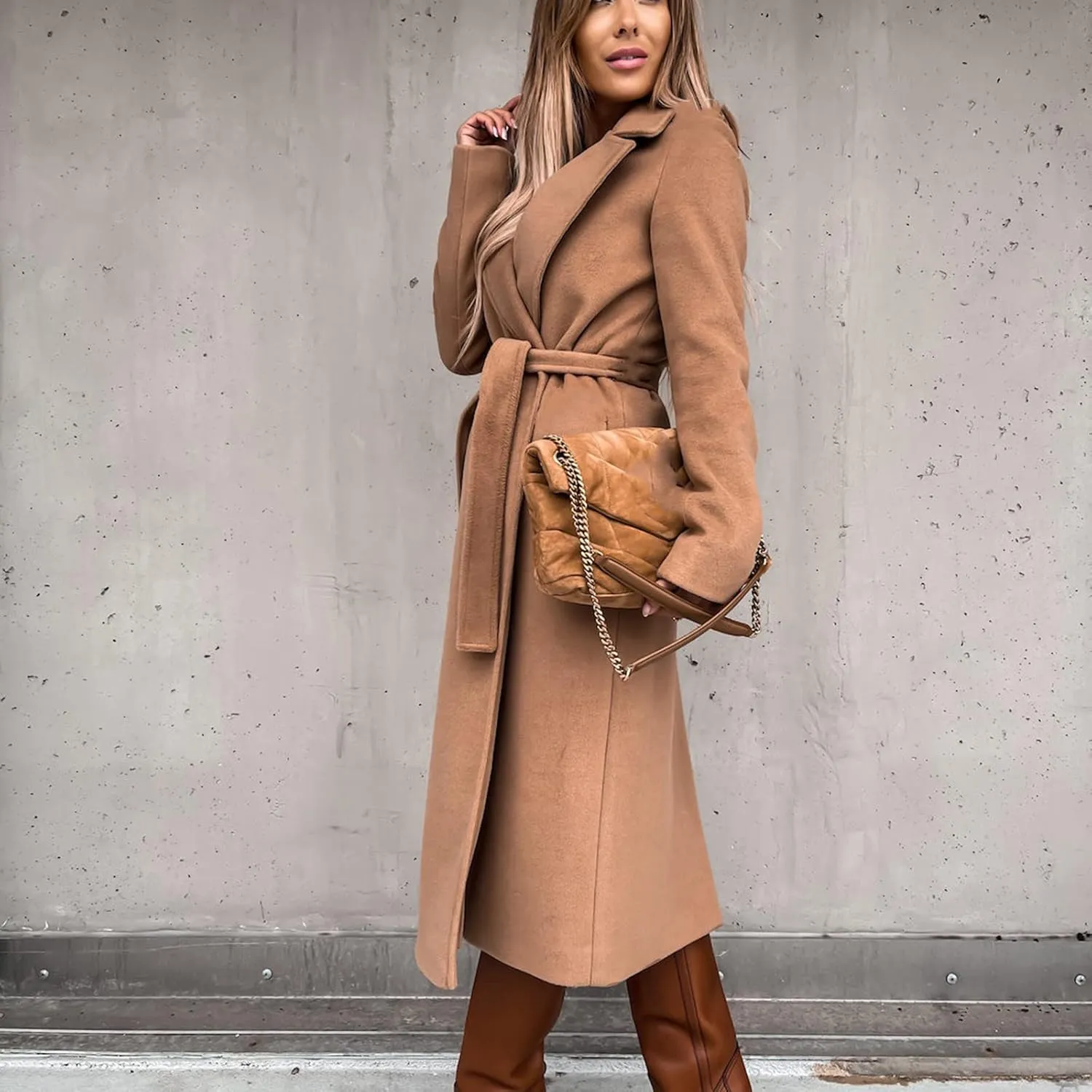 Women's Faux Wool Coat Long Jacket Thin Trench Coats Ladies Slim Windproof Overcoat Ring Master Jacket with Belt