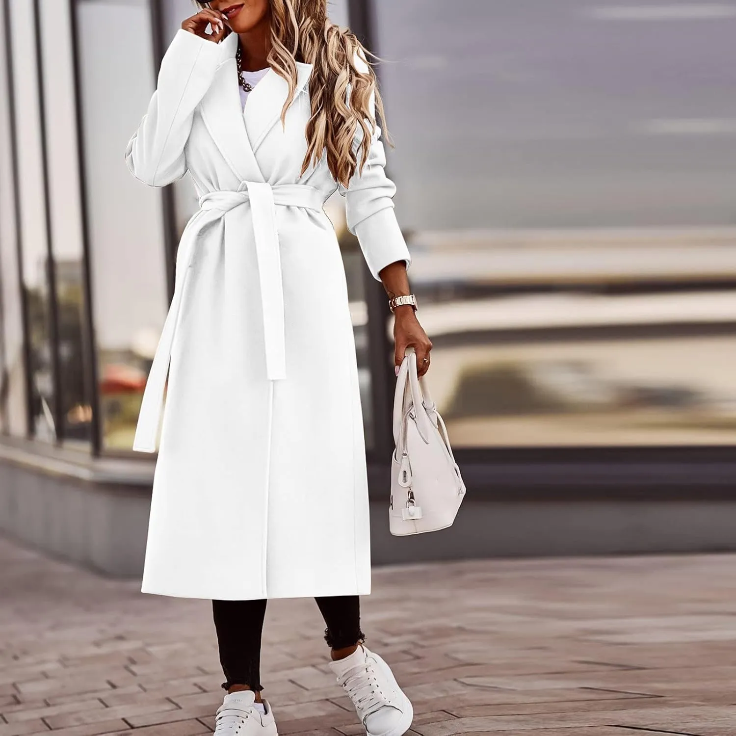 Women's Faux Wool Coat Long Jacket Thin Trench Coats Ladies Slim Windproof Overcoat Ring Master Jacket with Belt