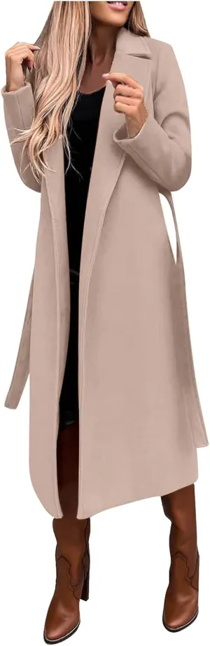Women's Faux Wool Coat Long Jacket Thin Trench Coats Ladies Slim Windproof Overcoat Ring Master Jacket with Belt