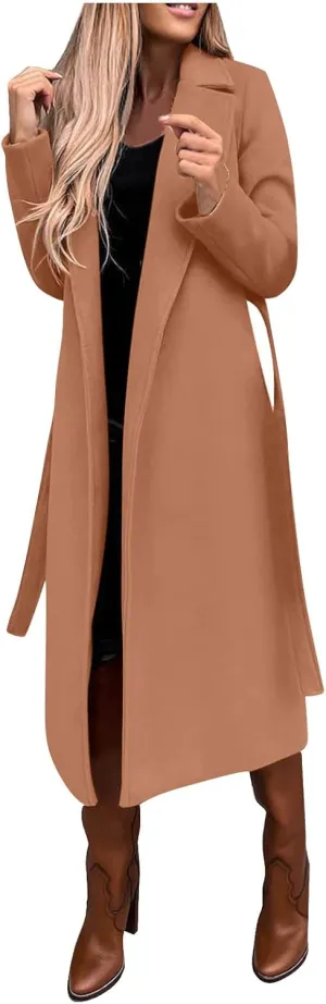 Women's Faux Wool Coat Long Jacket Thin Trench Coats Ladies Slim Windproof Overcoat Ring Master Jacket with Belt