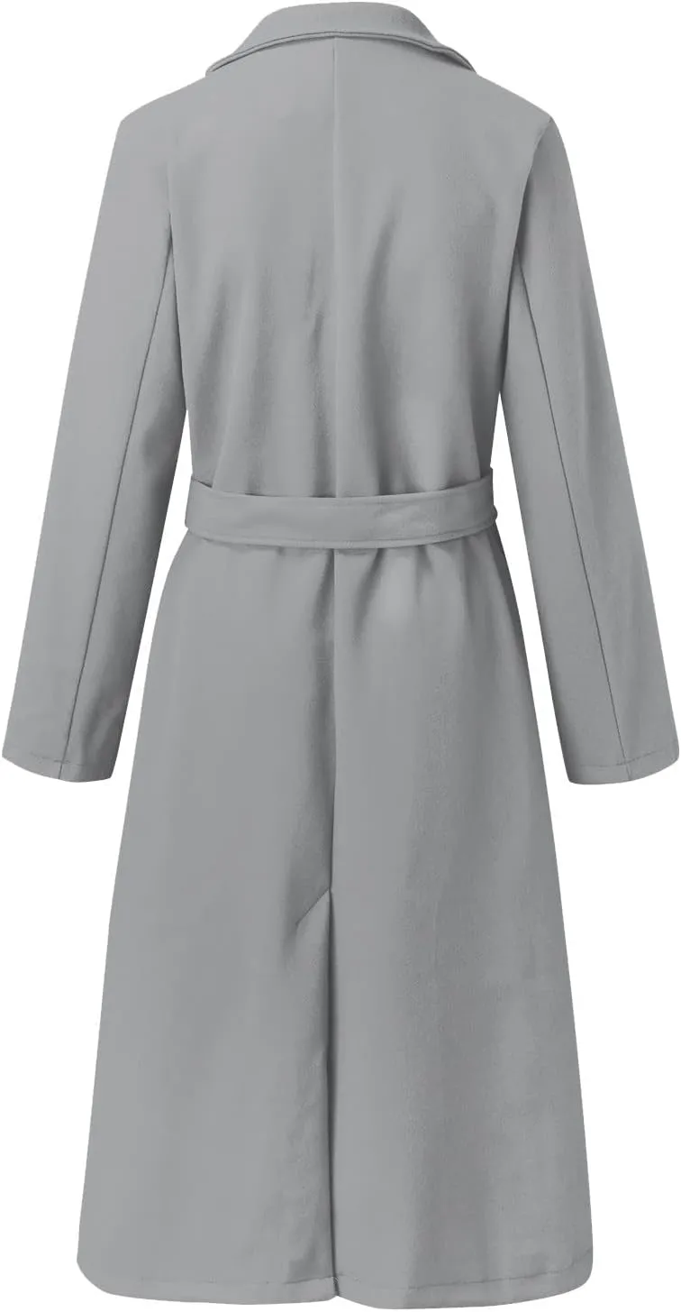 Women's Faux Wool Coat Long Jacket Thin Trench Coats Ladies Slim Windproof Overcoat Ring Master Jacket with Belt