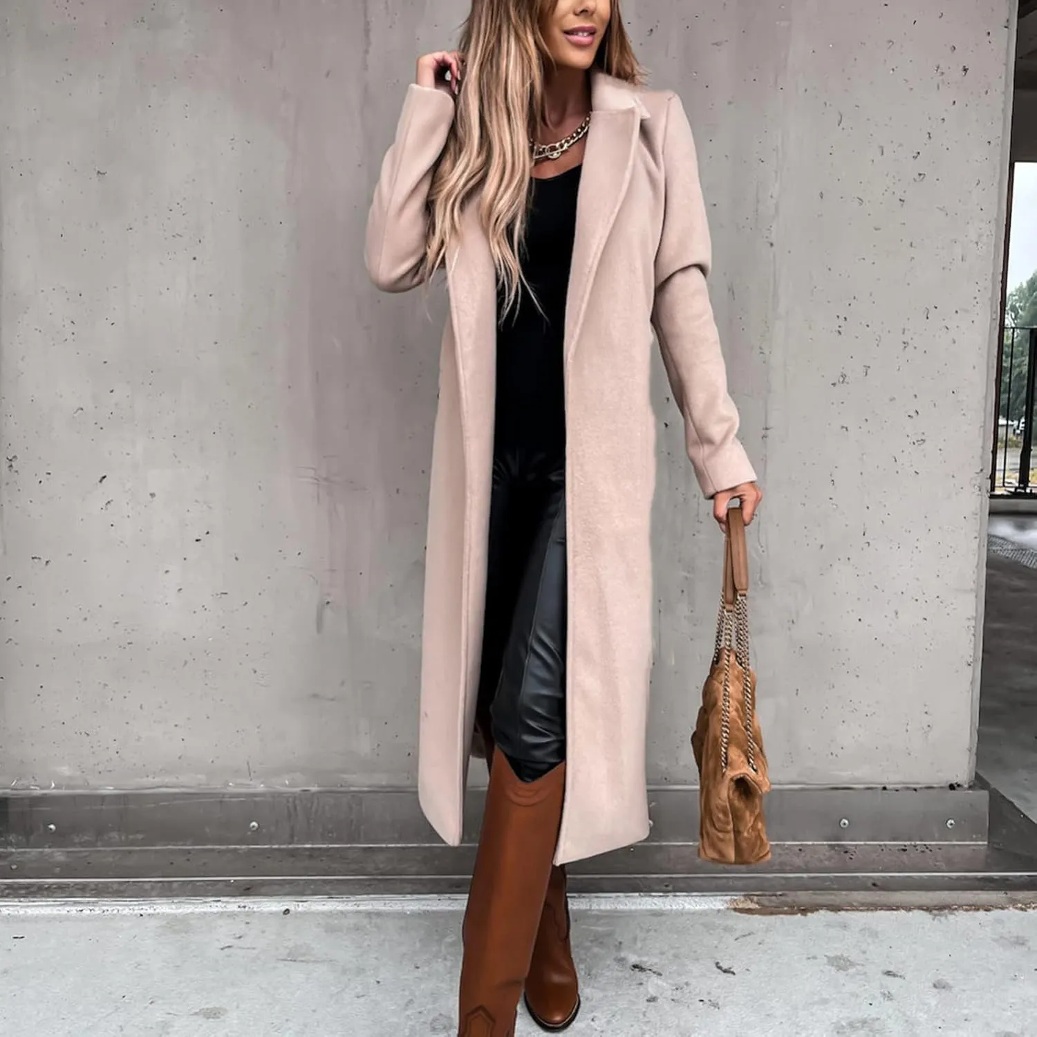Women's Faux Wool Coat Long Jacket Thin Trench Coats Ladies Slim Windproof Overcoat Ring Master Jacket with Belt