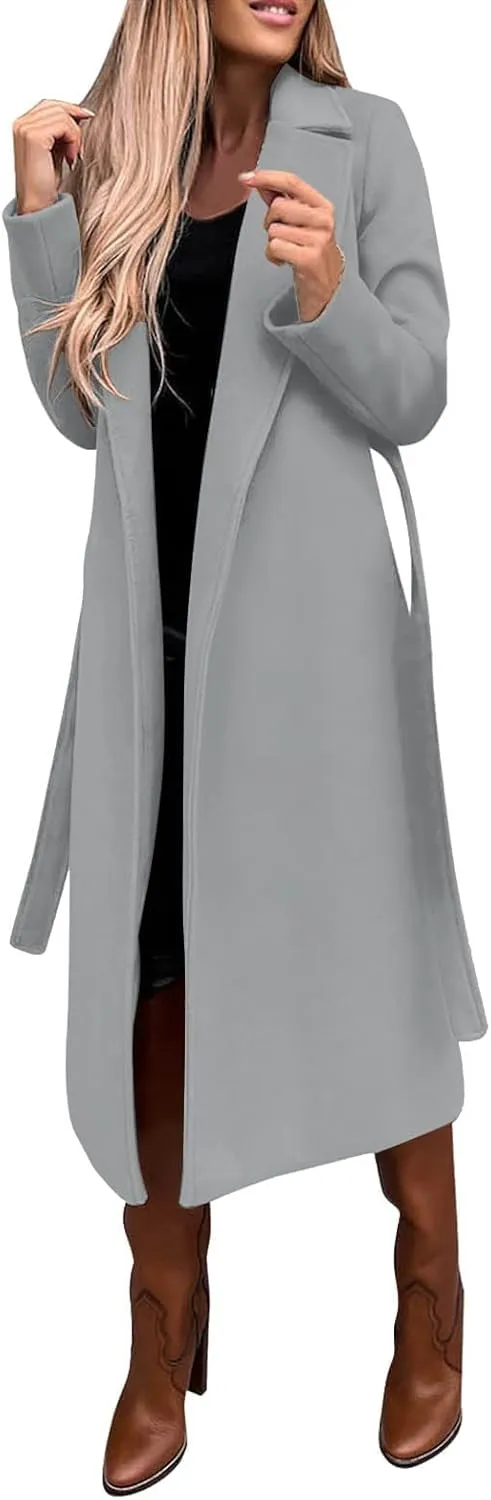Women's Faux Wool Coat Long Jacket Thin Trench Coats Ladies Slim Windproof Overcoat Ring Master Jacket with Belt