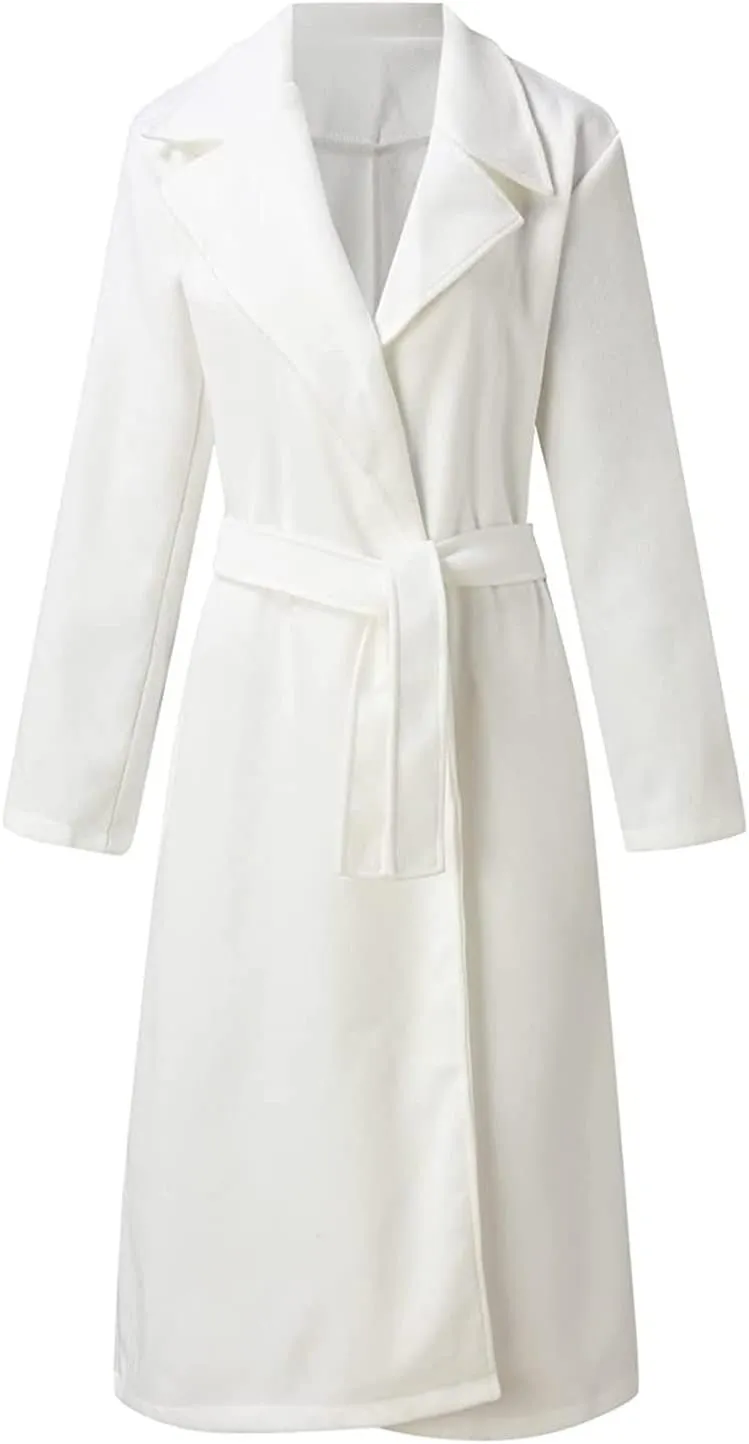 Women's Faux Wool Coat Long Jacket Thin Trench Coats Ladies Slim Windproof Overcoat Ring Master Jacket with Belt