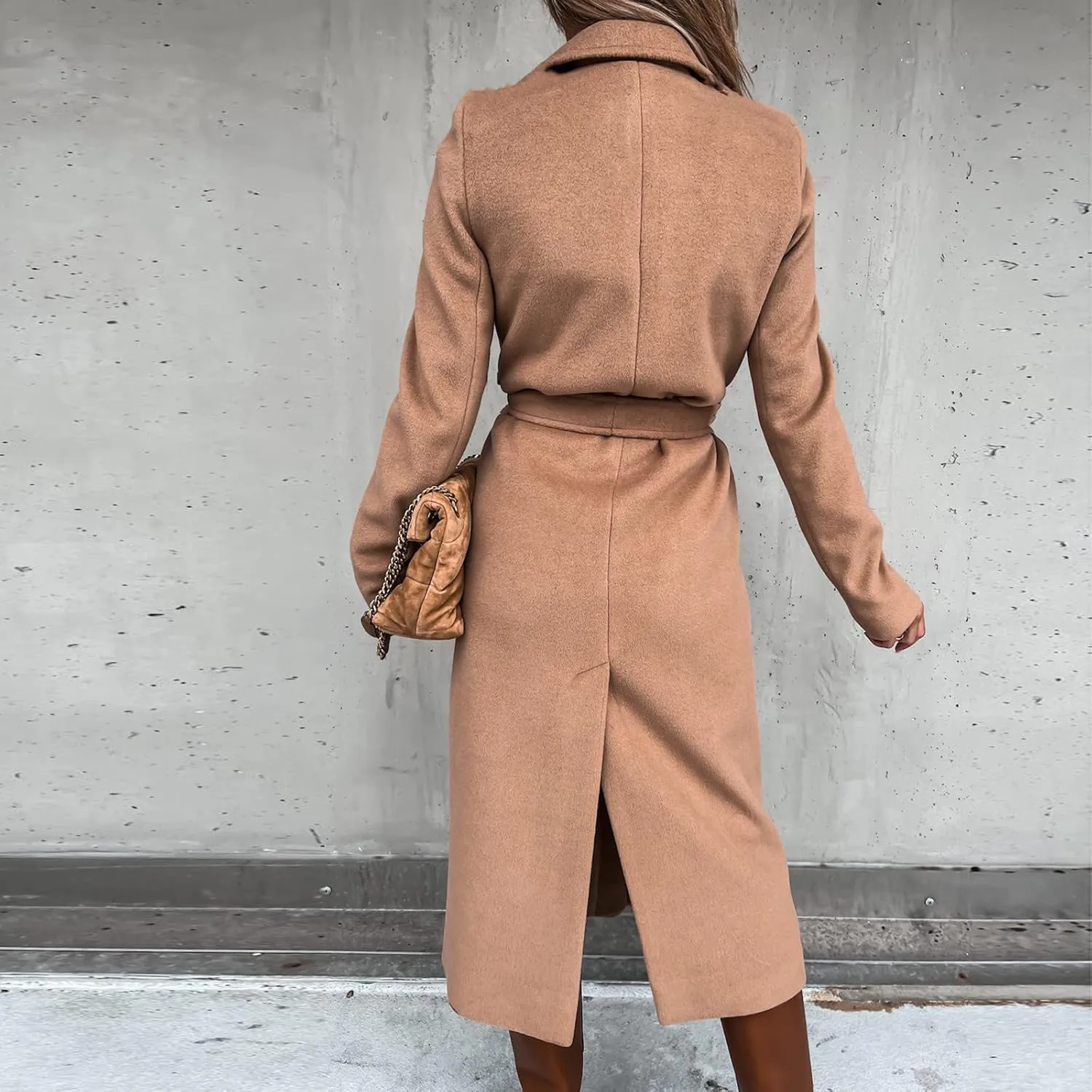 Women's Faux Wool Coat Long Jacket Thin Trench Coats Ladies Slim Windproof Overcoat Ring Master Jacket with Belt