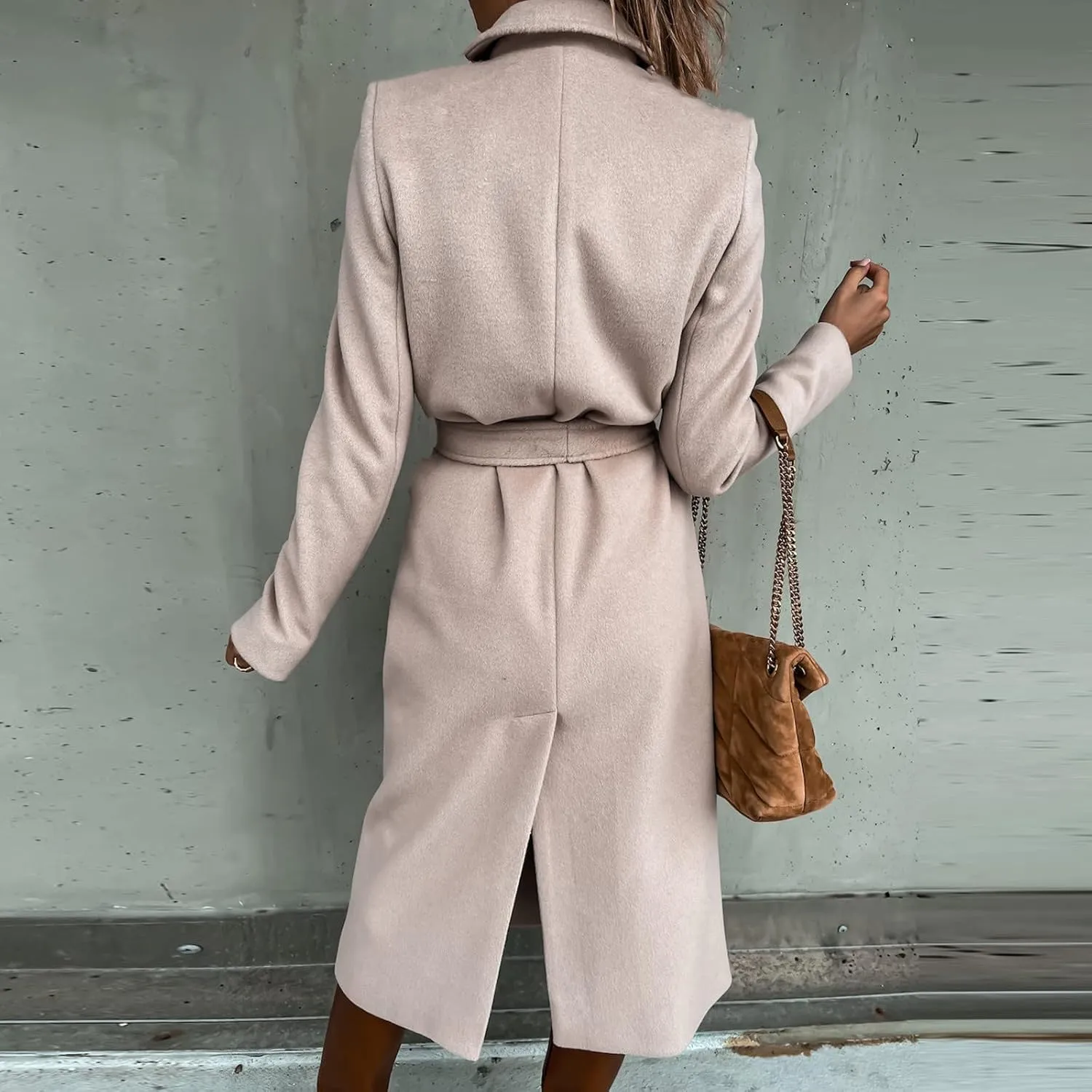 Women's Faux Wool Coat Long Jacket Thin Trench Coats Ladies Slim Windproof Overcoat Ring Master Jacket with Belt