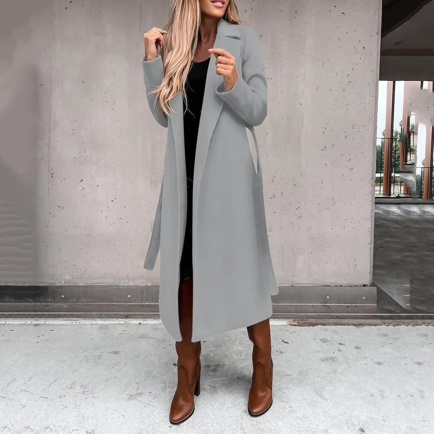 Women's Faux Wool Coat Long Jacket Thin Trench Coats Ladies Slim Windproof Overcoat Ring Master Jacket with Belt
