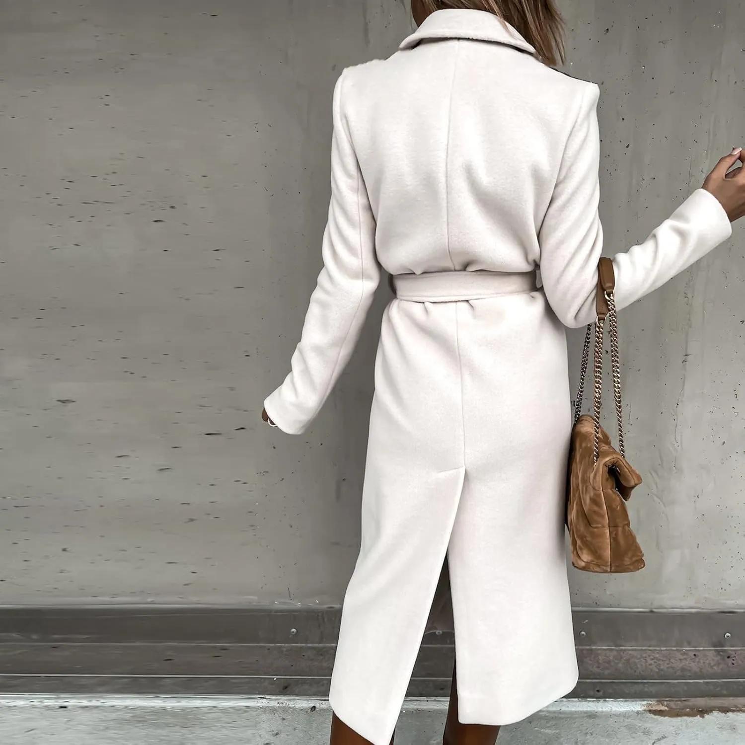 Women's Faux Wool Coat Long Jacket Thin Trench Coats Ladies Slim Windproof Overcoat Ring Master Jacket with Belt