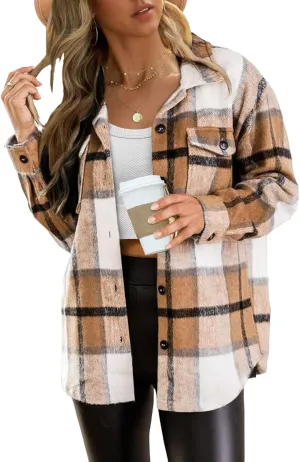 Womens Flannel Plaid Shirt Shacket Jacket Fleece Lapel Long Sleeve Button Down Jacket Coats Cardigans with Pockets
