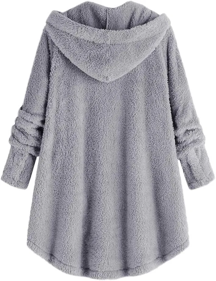 Womens Fleece Jackets Sherpa Winter Hooded Fuzzy Coats Oversized Button Down Cardigan Sweater Warm Jacket with Pocket
