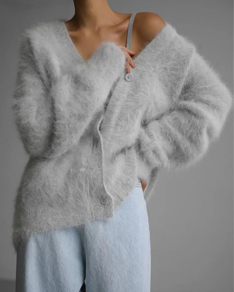 Womens Fuzzy Sweaters Cardigan V-Neck Button Down Oversized Mohair Sweater Casual Y2k 2025 Fall Winter
