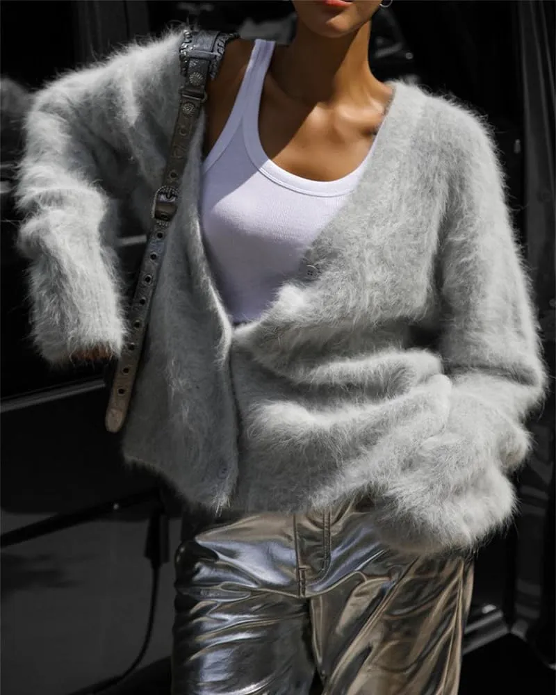 Womens Fuzzy Sweaters Cardigan V-Neck Button Down Oversized Mohair Sweater Casual Y2k 2025 Fall Winter