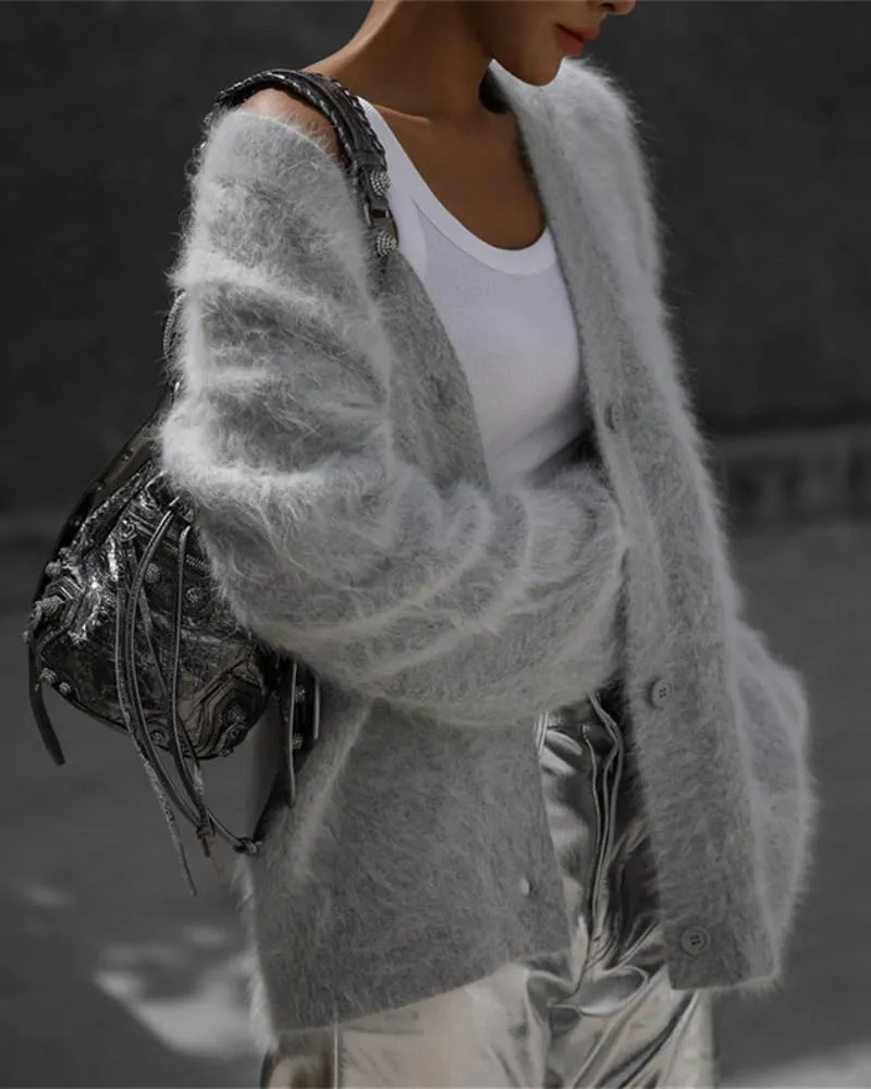 Womens Fuzzy Sweaters Cardigan V-Neck Button Down Oversized Mohair Sweater Casual Y2k 2025 Fall Winter