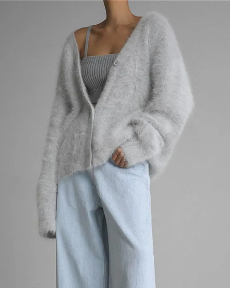 Womens Fuzzy Sweaters Cardigan V-Neck Button Down Oversized Mohair Sweater Casual Y2k 2025 Fall Winter