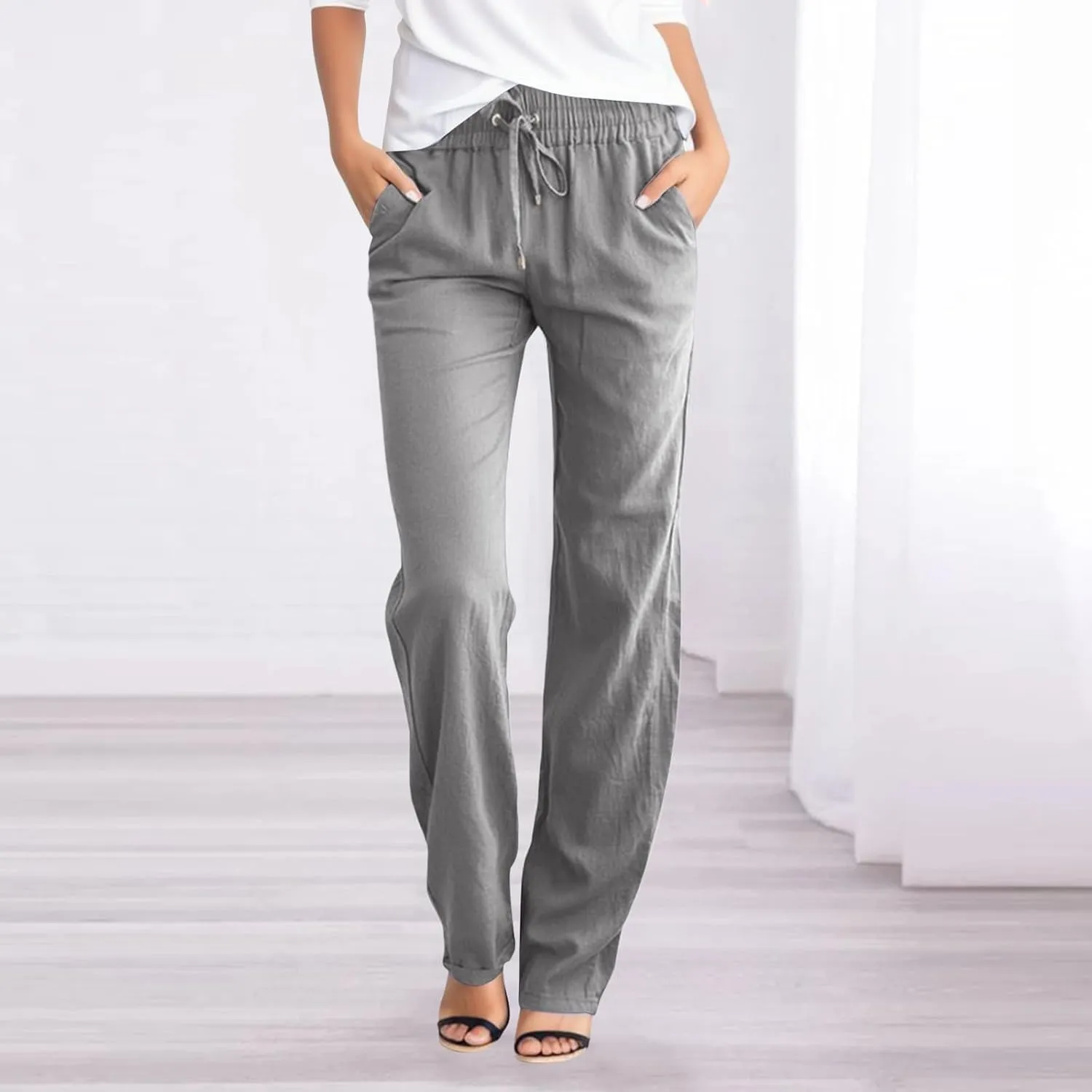 Womens High Waist Cotton Linen Pants Straight Leg Casual Loose Summer Beach Lightweight Drawstring Comfy Lounge Pants