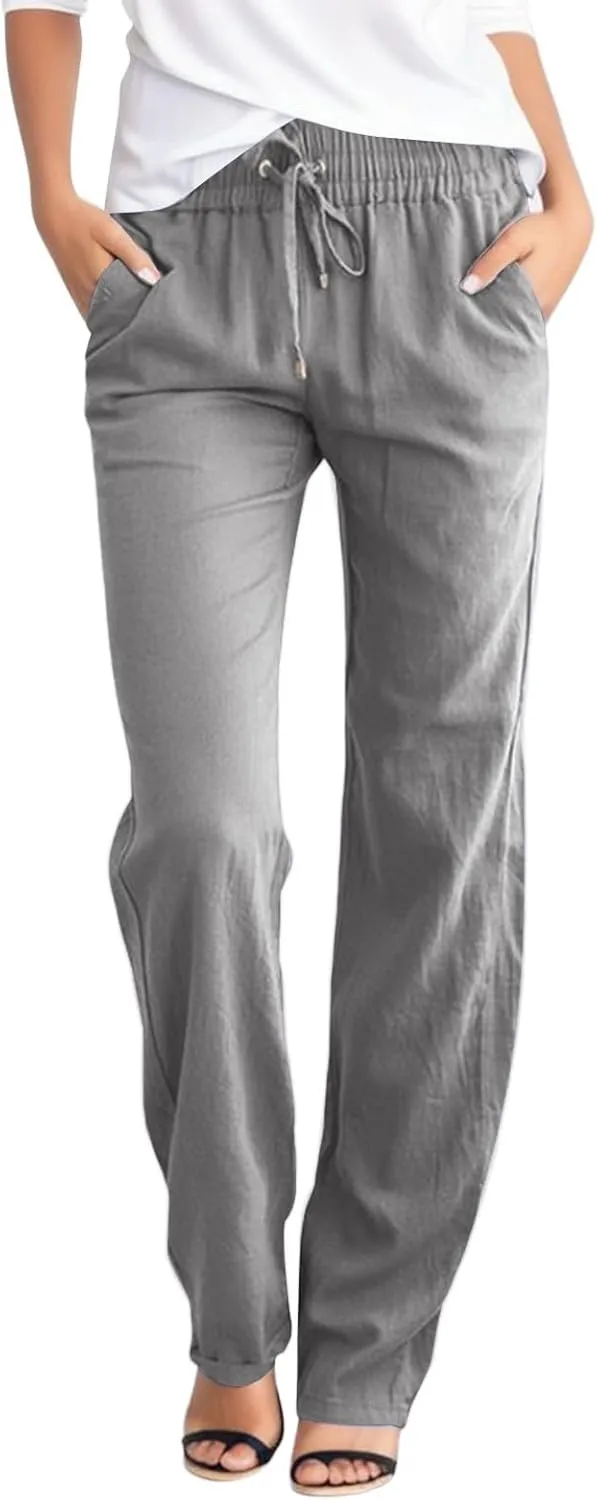 Womens High Waist Cotton Linen Pants Straight Leg Casual Loose Summer Beach Lightweight Drawstring Comfy Lounge Pants