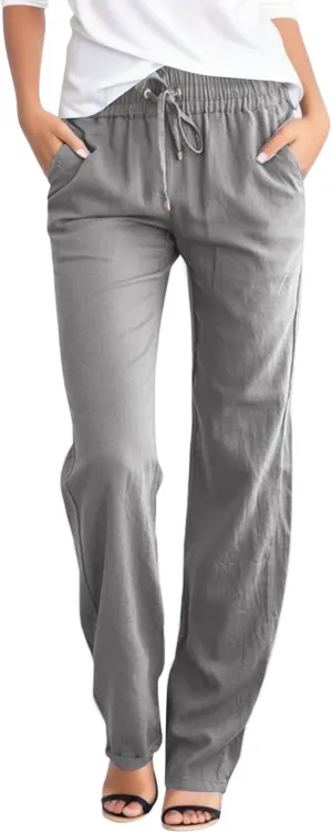 Womens High Waist Cotton Linen Pants Straight Leg Casual Loose Summer Beach Lightweight Drawstring Comfy Lounge Pants