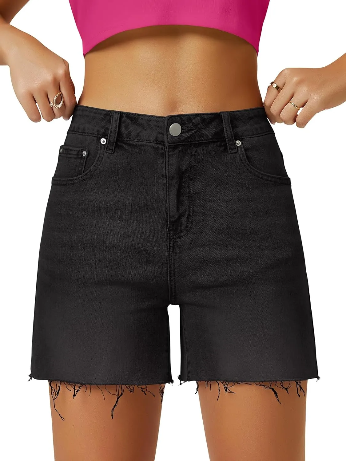 Womens High Waist Jean Shorts Wide Straight Leg Microelastic Long Denim Mom Shorts